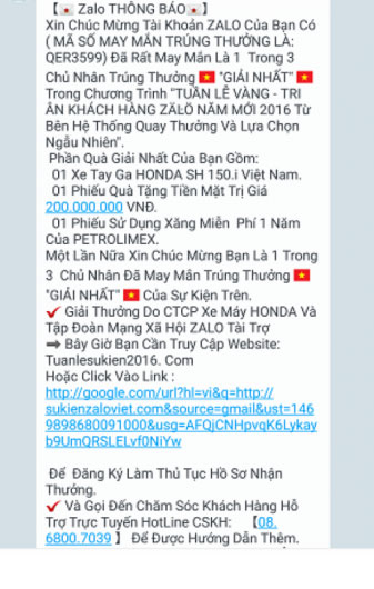 Lừa đảo tin nhắn thông báo trúng thưởng qua zalo